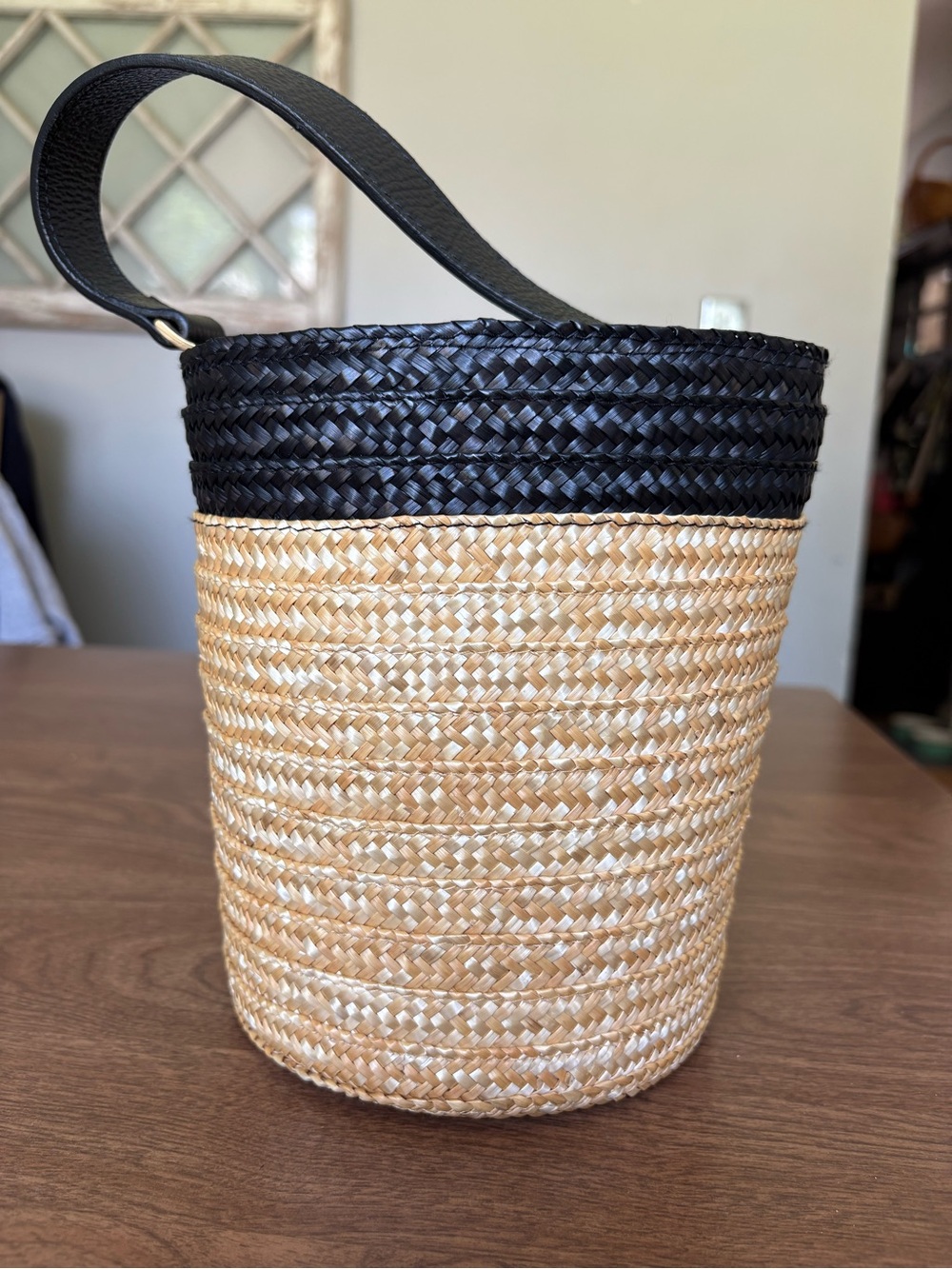 Woven Two-Tone Straw Mini Bucket Bag with Black Trim